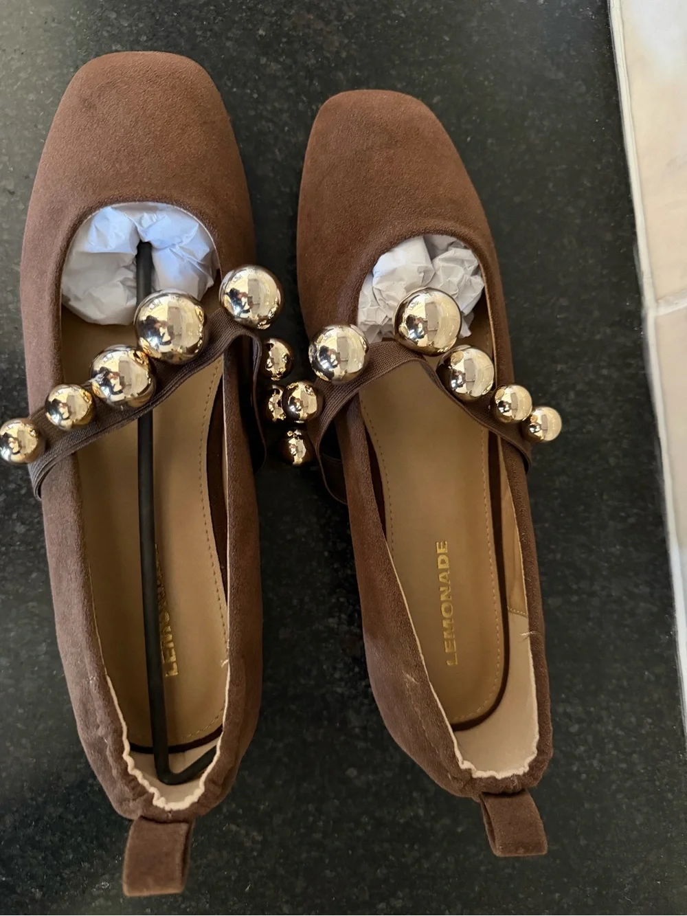 Womens Brown Suede Loafers with Gold Stud Detail